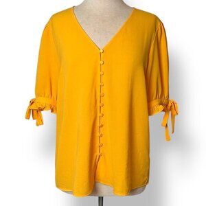CeCe Womens V Neck Top Short Sleeve Ties Buttons Poly Yellow Goldenrod Sz L